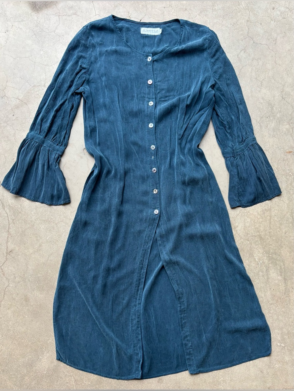 Vintage 90s Action Wear USA Teal Blue Rayon Button Down Midi Dress Bell Sleeve L